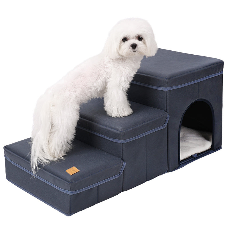Foldable Dog Stairs With Storage - 3-Level Small To Medium Dog Breed Ramp, Oxford Fabric, Suitable For High Beds And Sofas, Pet Ladder, Dog Stairs