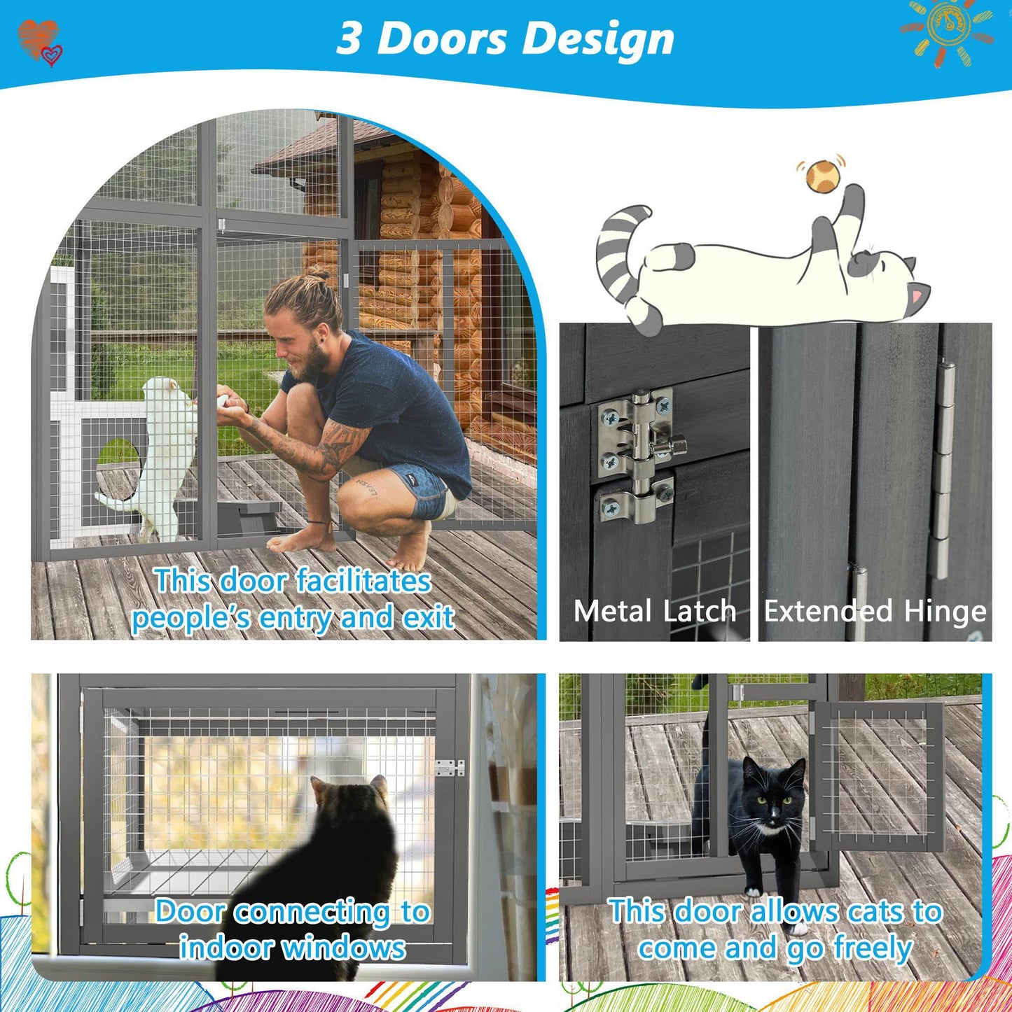 Outdoor Wooden Cat Catio - Large Solid Wood Cat Cage Playpen With 2 Jumping Platforms & 7 Napping Houses, Walk-in Cat Kennel Condo Shelter, Grey
