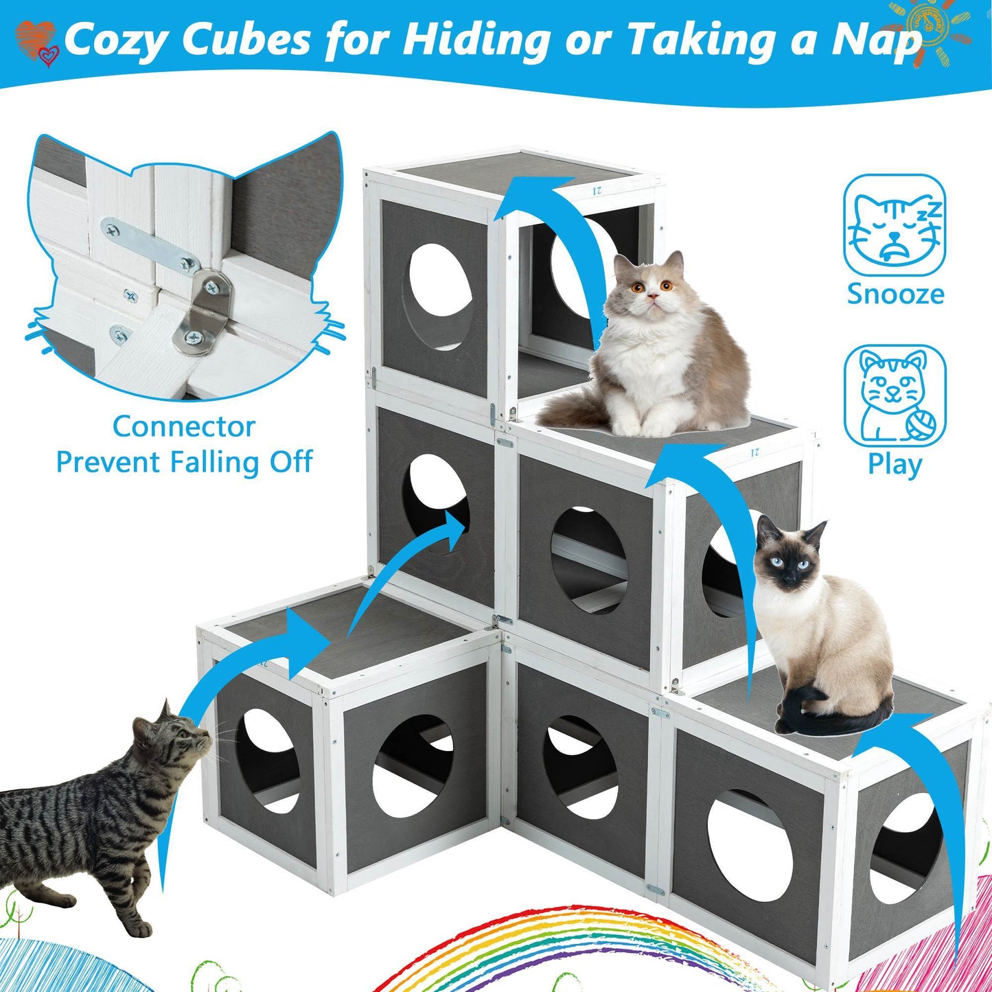 Outdoor Wooden Cat Catio - Large Solid Wood Cat Cage Playpen With 2 Jumping Platforms & 7 Napping Houses, Walk-in Cat Kennel Condo Shelter, Grey