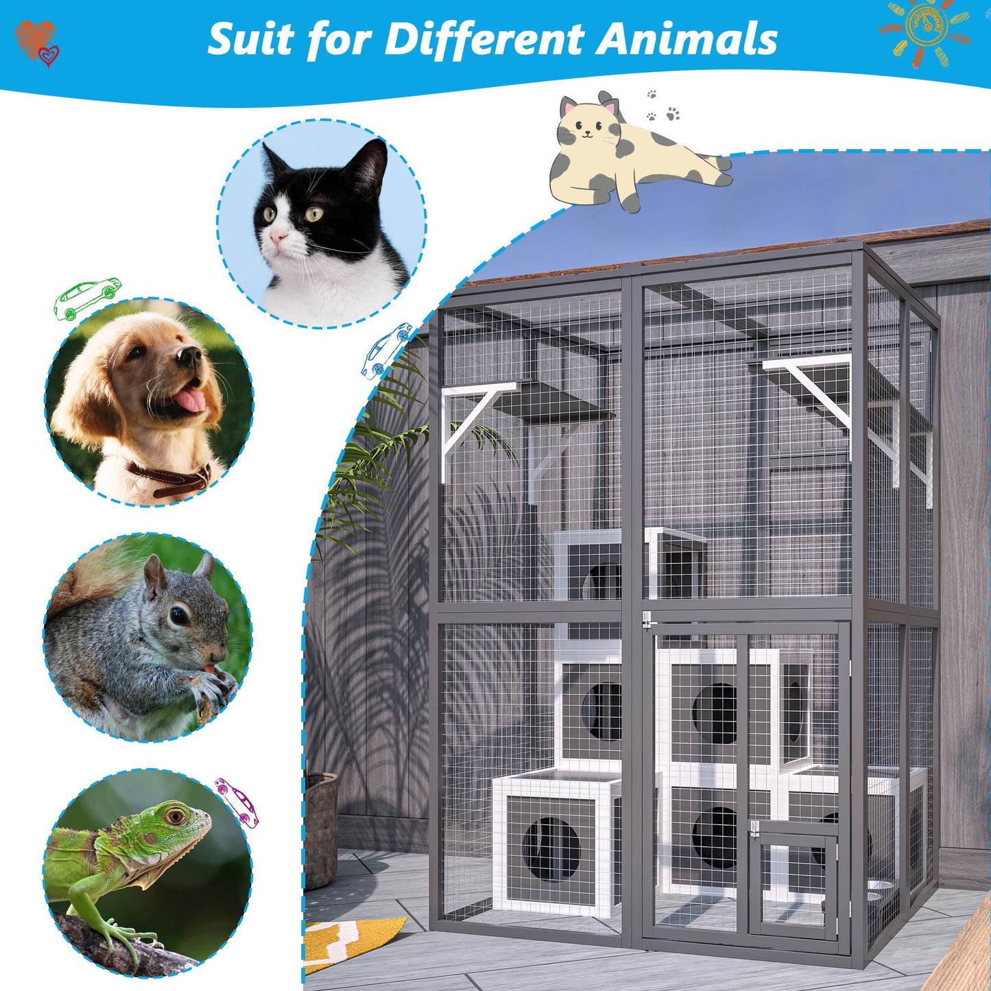 Outdoor Wooden Cat Catio - Large Solid Wood Cat Cage Playpen With 2 Jumping Platforms & 7 Napping Houses, Walk-in Cat Kennel Condo Shelter, Grey