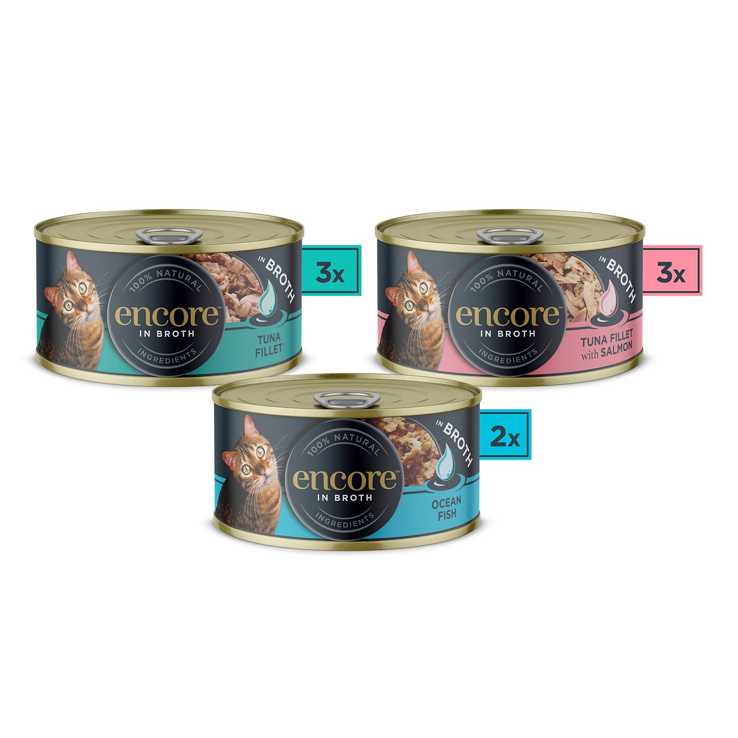 Encore 100% Natural Wet Cat Food Pouch, Tuna Fillet with Whitebait/Anchovy in Broth 70g Pouch (16 x 70g Pouches) (Packaging May Vary)