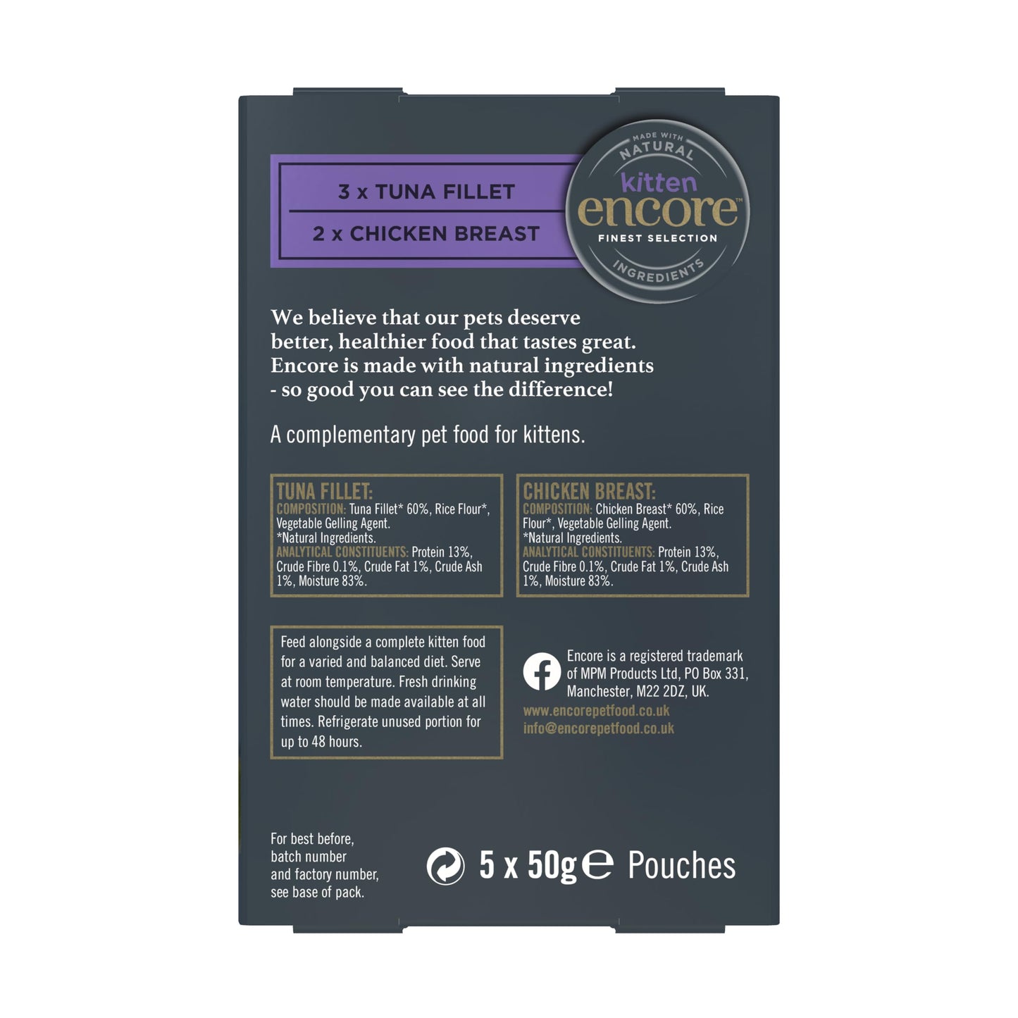 Encore 100% Natural Wet Cat Food Pouch, Tuna Fillet with Whitebait/Anchovy in Broth 70g Pouch (16 x 70g Pouches) (Packaging May Vary)