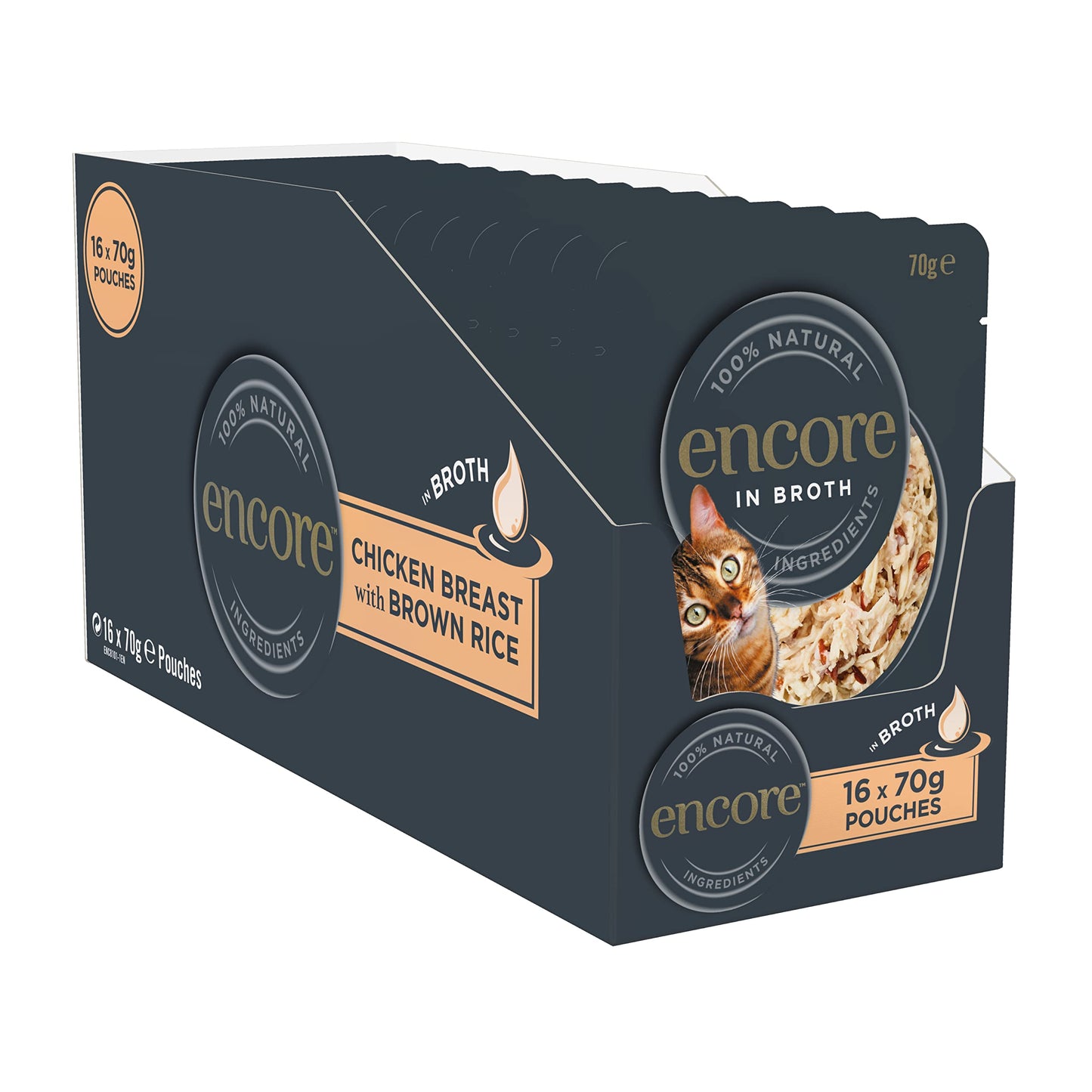 Encore 100% Natural Wet Cat Food Pouch, Tuna Fillet with Whitebait/Anchovy in Broth 70g Pouch (16 x 70g Pouches) (Packaging May Vary)