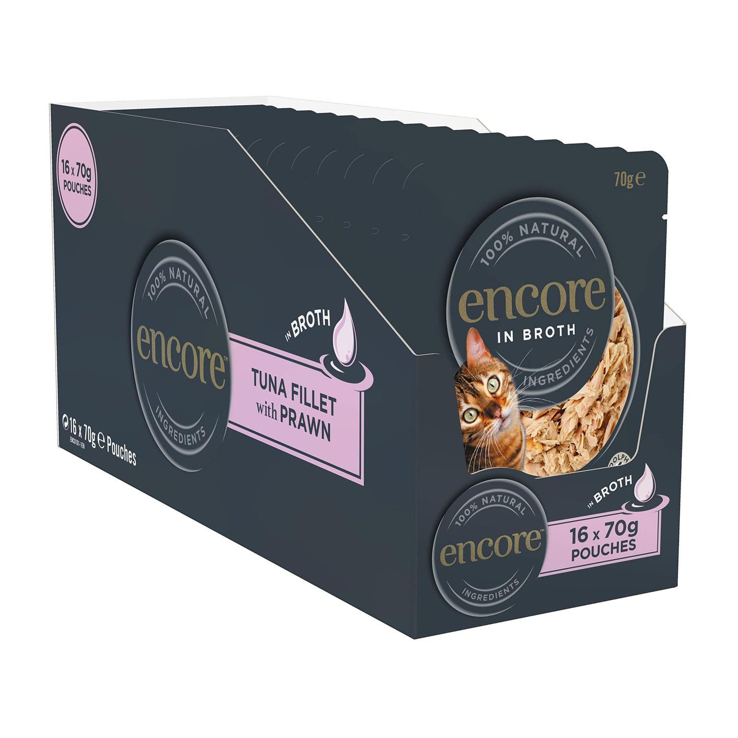 Encore 100% Natural Wet Cat Food Pouch, Tuna Fillet with Whitebait/Anchovy in Broth 70g Pouch (16 x 70g Pouches) (Packaging May Vary)