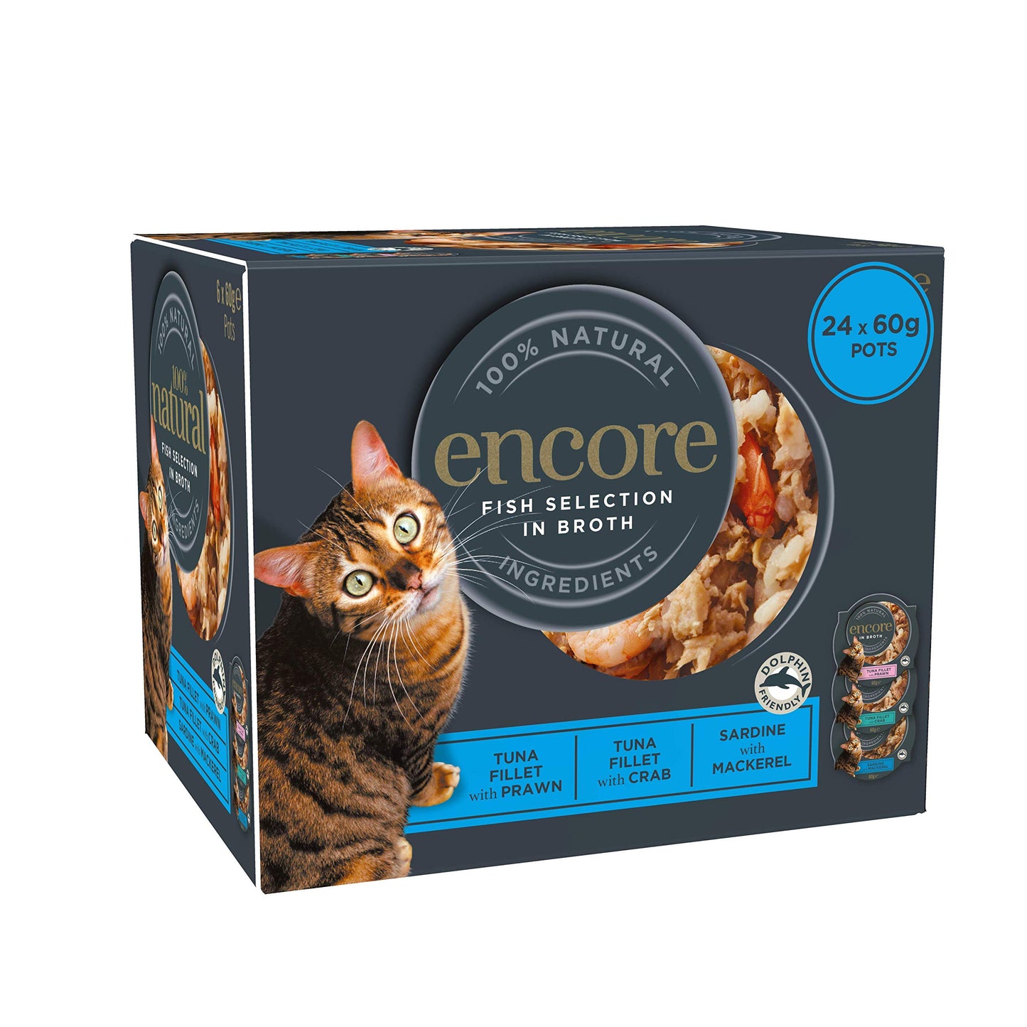Encore 100% Natural Wet Cat Food Pouch, Tuna Fillet with Whitebait/Anchovy in Broth 70g Pouch (16 x 70g Pouches) (Packaging May Vary)