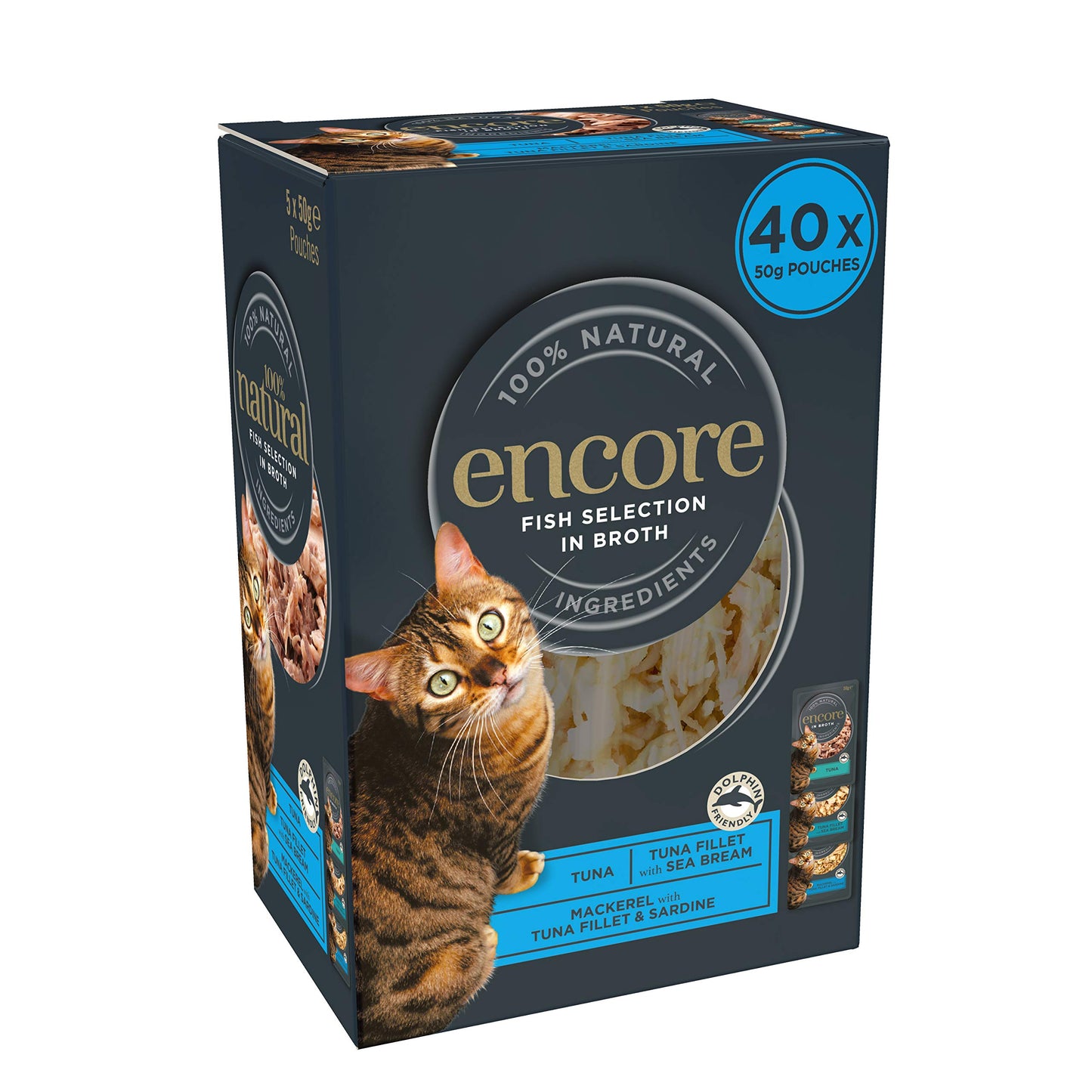 Encore 100% Natural Wet Cat Food Pouch, Tuna Fillet with Whitebait/Anchovy in Broth 70g Pouch (16 x 70g Pouches) (Packaging May Vary)