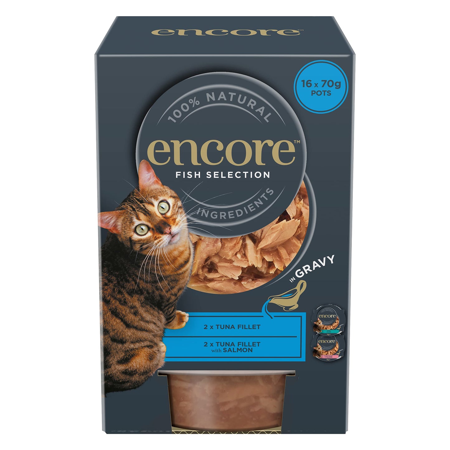 Encore 100% Natural Wet Cat Food Pouch, Tuna Fillet with Whitebait/Anchovy in Broth 70g Pouch (16 x 70g Pouches) (Packaging May Vary)