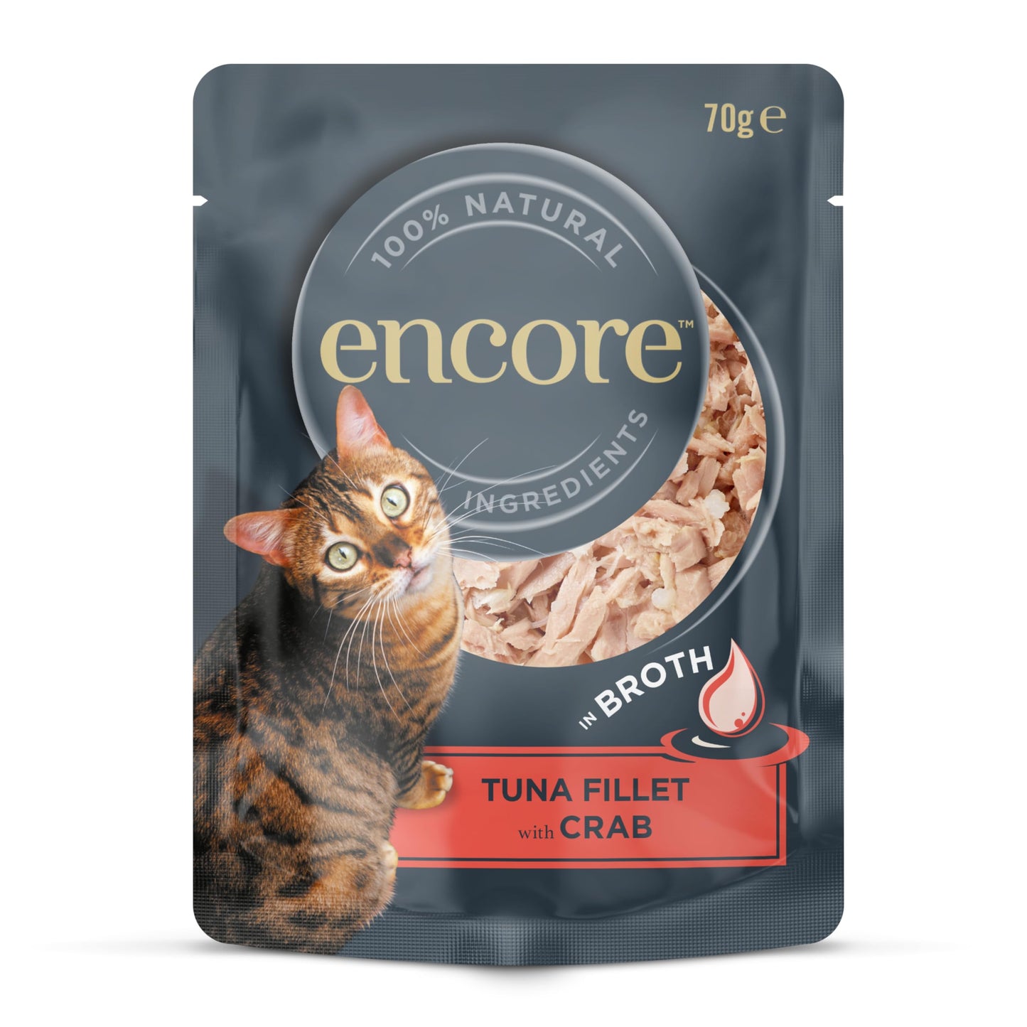 Encore 100% Natural Wet Cat Food Pouch, Tuna Fillet with Whitebait/Anchovy in Broth 70g Pouch (16 x 70g Pouches) (Packaging May Vary)