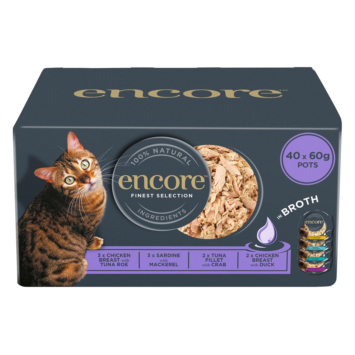 Encore 100% Natural Wet Cat Food Pouch, Tuna Fillet with Whitebait/Anchovy in Broth 70g Pouch (16 x 70g Pouches) (Packaging May Vary)