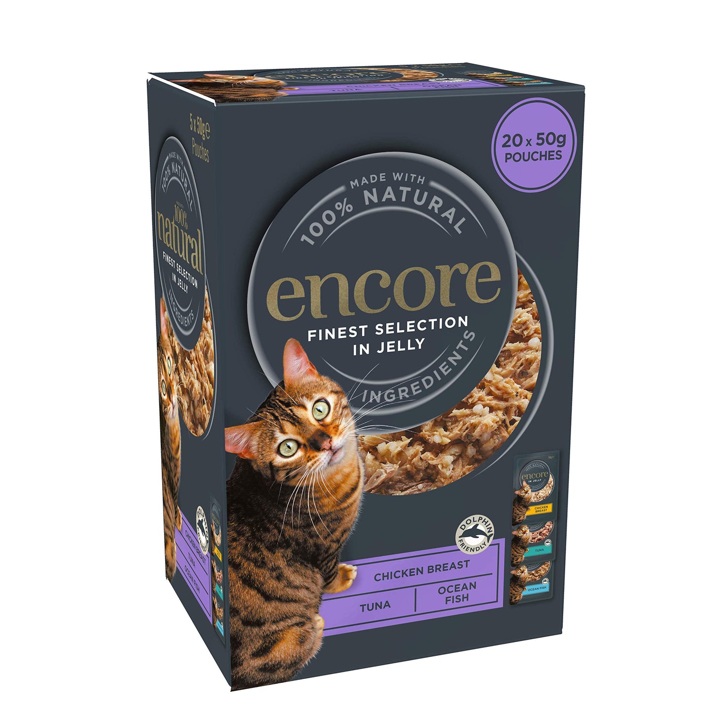 Encore 100% Natural Wet Cat Food Pouch, Tuna Fillet with Whitebait/Anchovy in Broth 70g Pouch (16 x 70g Pouches) (Packaging May Vary)