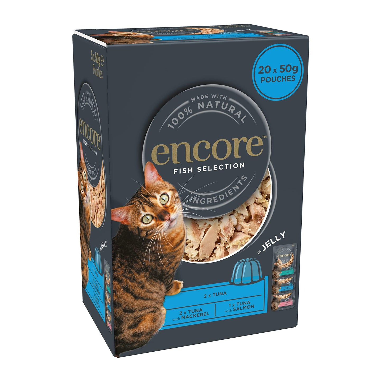 Encore 100% Natural Wet Cat Food Pouch, Tuna Fillet with Whitebait/Anchovy in Broth 70g Pouch (16 x 70g Pouches) (Packaging May Vary)