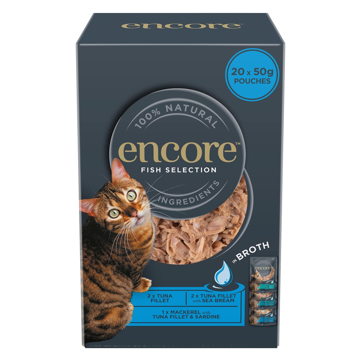 Encore 100% Natural Wet Cat Food Pouch, Tuna Fillet with Whitebait/Anchovy in Broth 70g Pouch (16 x 70g Pouches) (Packaging May Vary)