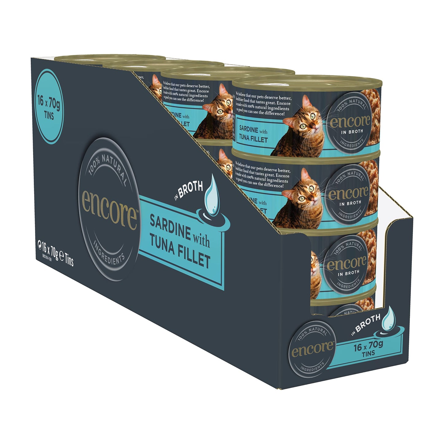 Encore 100% Natural Wet Cat Food Pouch, Tuna Fillet with Whitebait/Anchovy in Broth 70g Pouch (16 x 70g Pouches) (Packaging May Vary)