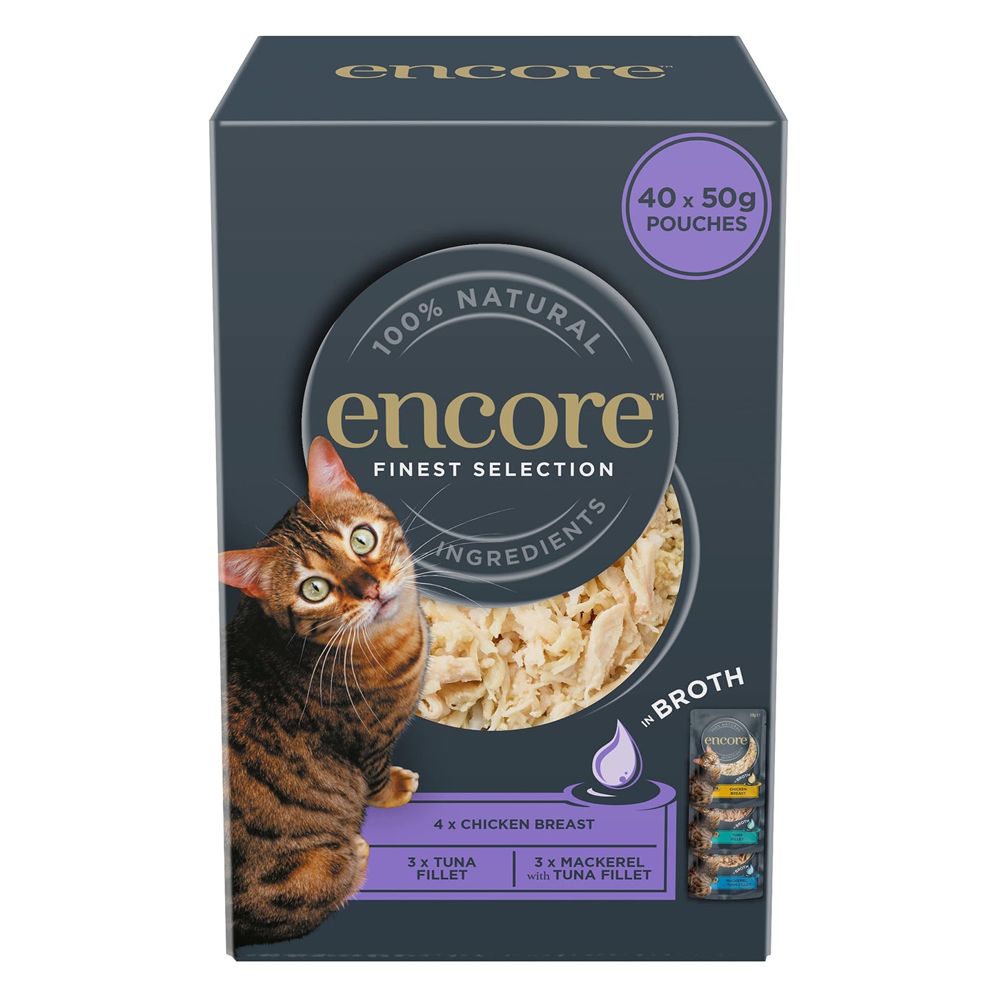 Encore 100% Natural Wet Cat Food Pouch, Tuna Fillet with Whitebait/Anchovy in Broth 70g Pouch (16 x 70g Pouches) (Packaging May Vary)