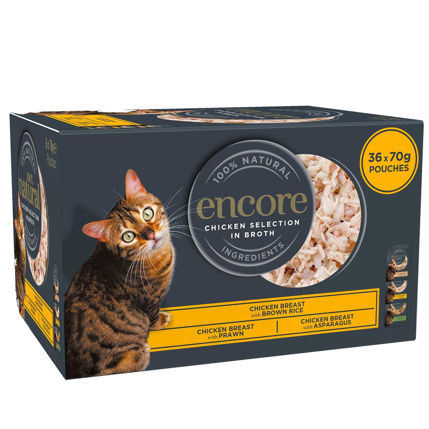 Encore 100% Natural Wet Cat Food Pouch, Tuna Fillet with Whitebait/Anchovy in Broth 70g Pouch (16 x 70g Pouches) (Packaging May Vary)