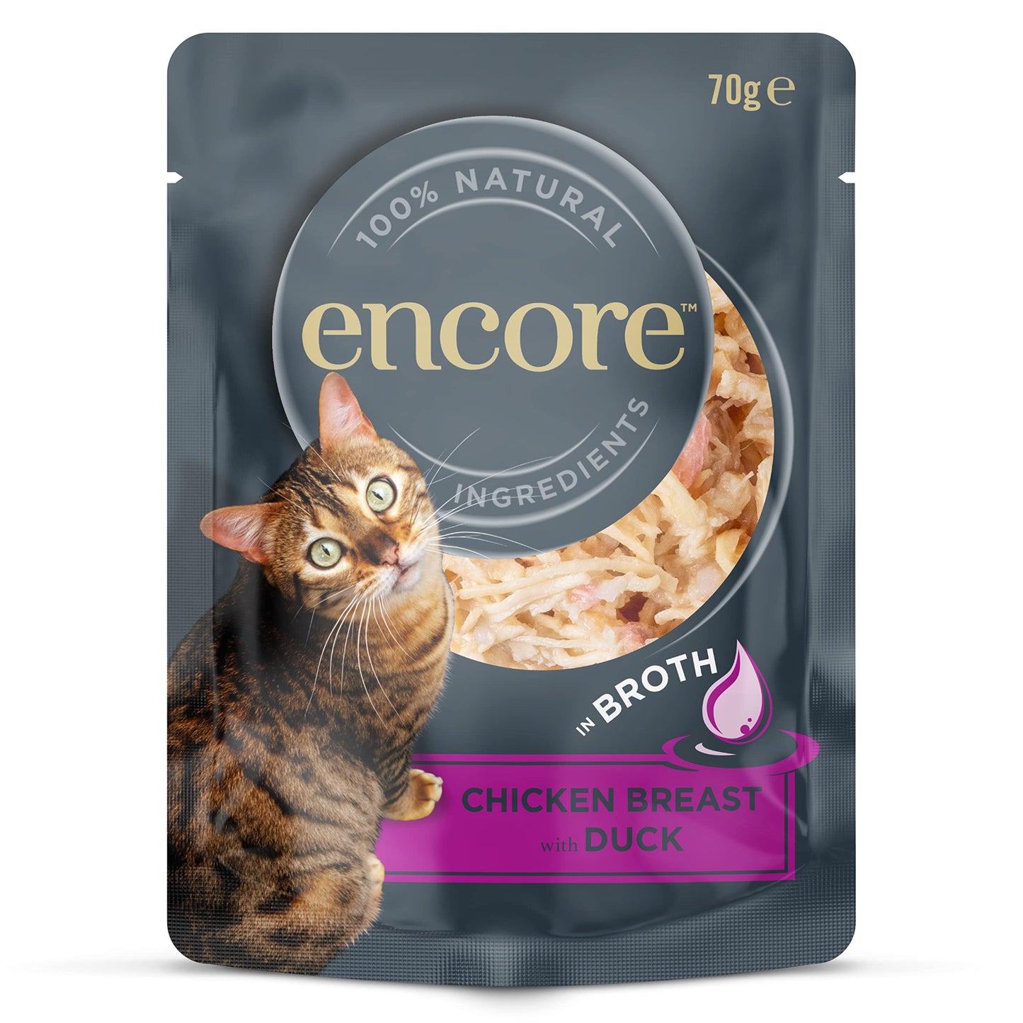 Encore 100% Natural Wet Cat Food Pouch, Tuna Fillet with Whitebait/Anchovy in Broth 70g Pouch (16 x 70g Pouches) (Packaging May Vary)