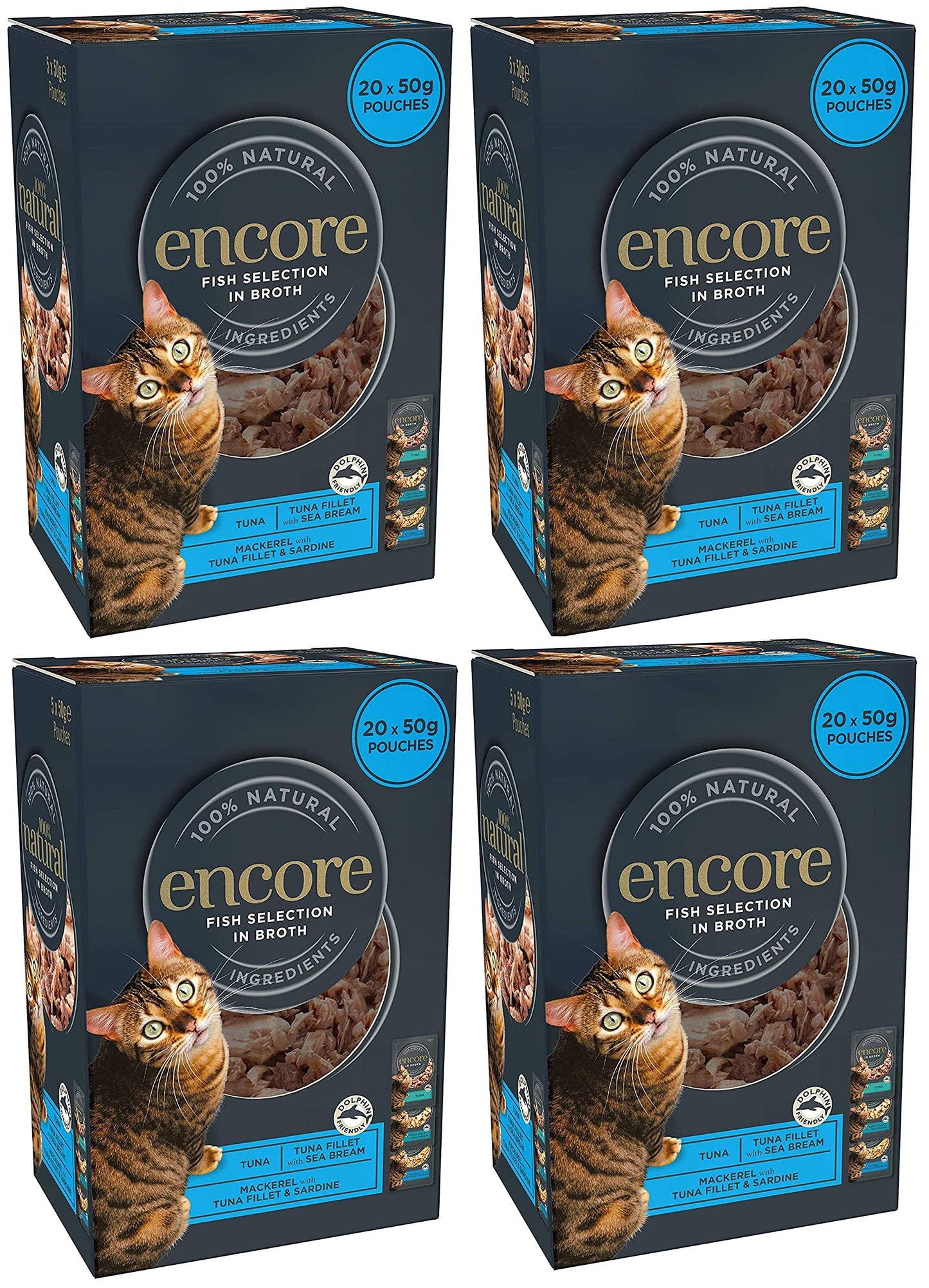 Encore 100% Natural Wet Cat Food Pouch, Tuna Fillet with Whitebait/Anchovy in Broth 70g Pouch (16 x 70g Pouches) (Packaging May Vary)