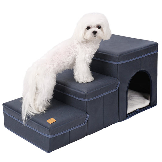 Foldable Dog Stairs With Storage - 3-Level Small To Medium Dog Breed Ramp, Oxford Fabric, Suitable For High Beds And Sofas, Pet Ladder, Dog Stairs