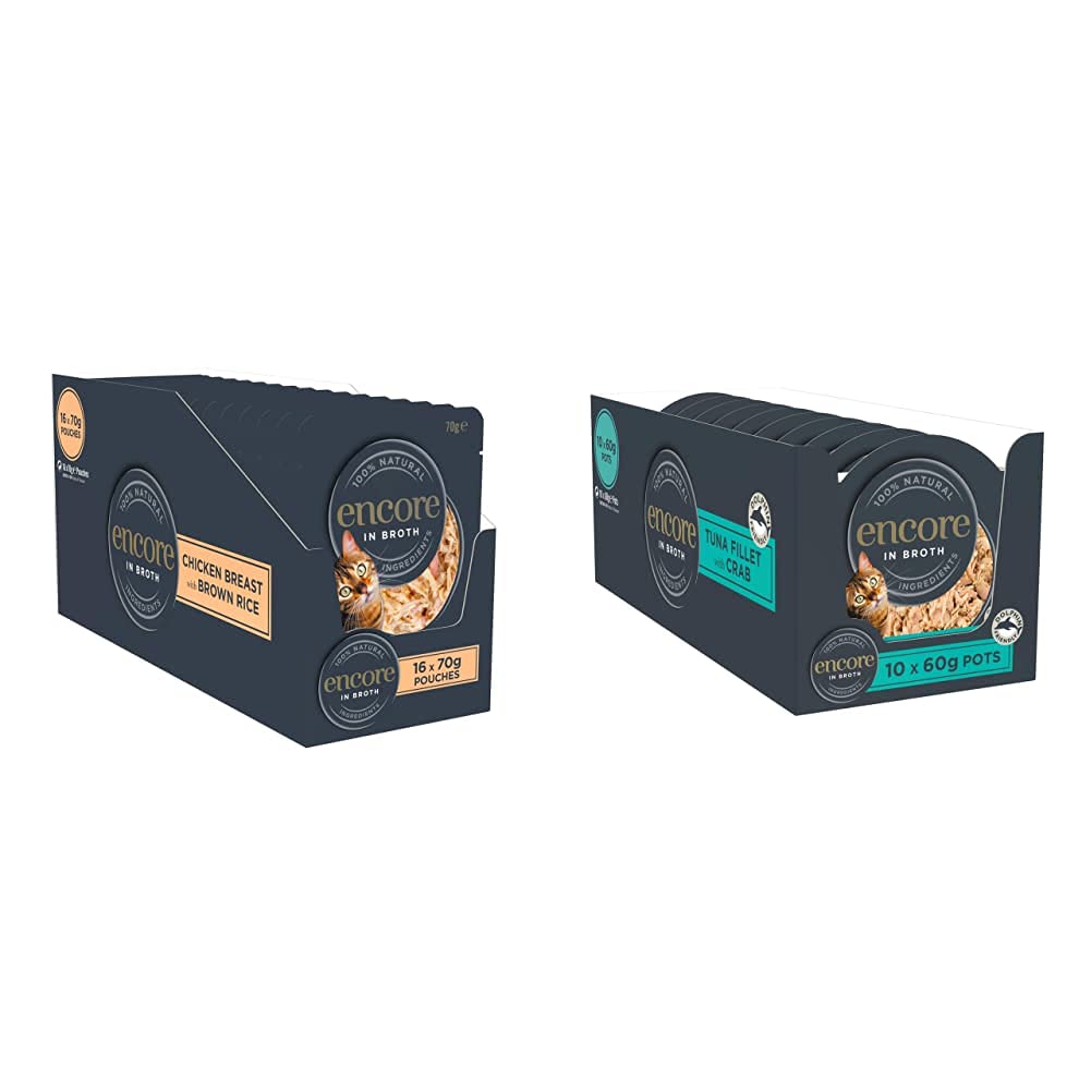 Encore 100% Natural Wet Cat Food Pouch, Tuna Fillet with Whitebait/Anchovy in Broth 70g Pouch (16 x 70g Pouches) (Packaging May Vary)