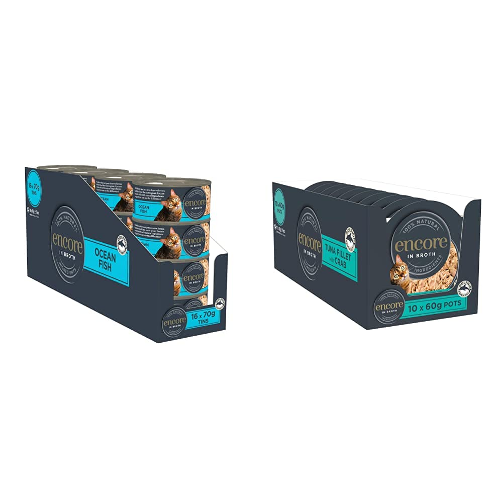 Encore 100% Natural Wet Cat Food Pouch, Tuna Fillet with Whitebait/Anchovy in Broth 70g Pouch (16 x 70g Pouches) (Packaging May Vary)