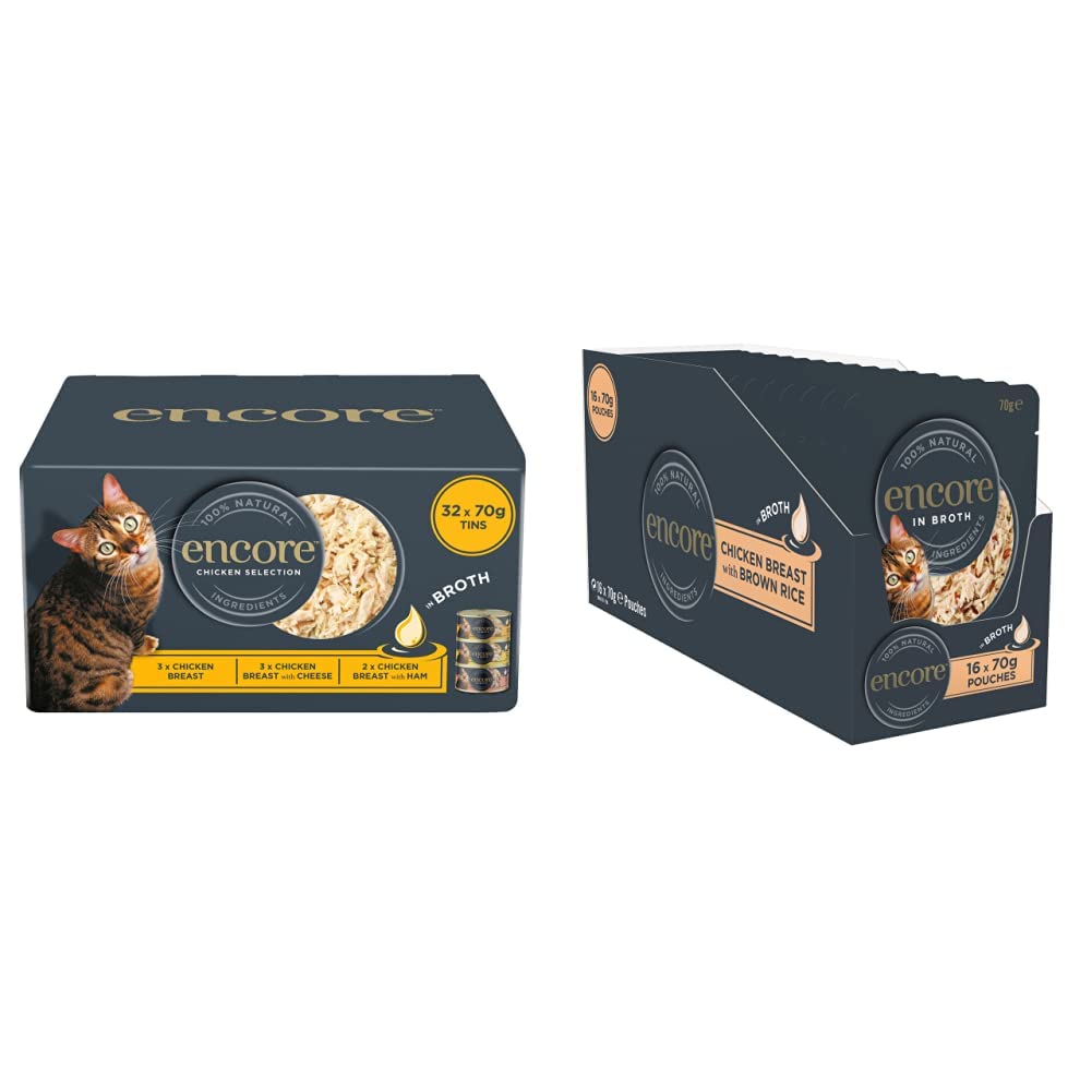 Encore 100% Natural Wet Cat Food Pouch, Tuna Fillet with Whitebait/Anchovy in Broth 70g Pouch (16 x 70g Pouches) (Packaging May Vary)