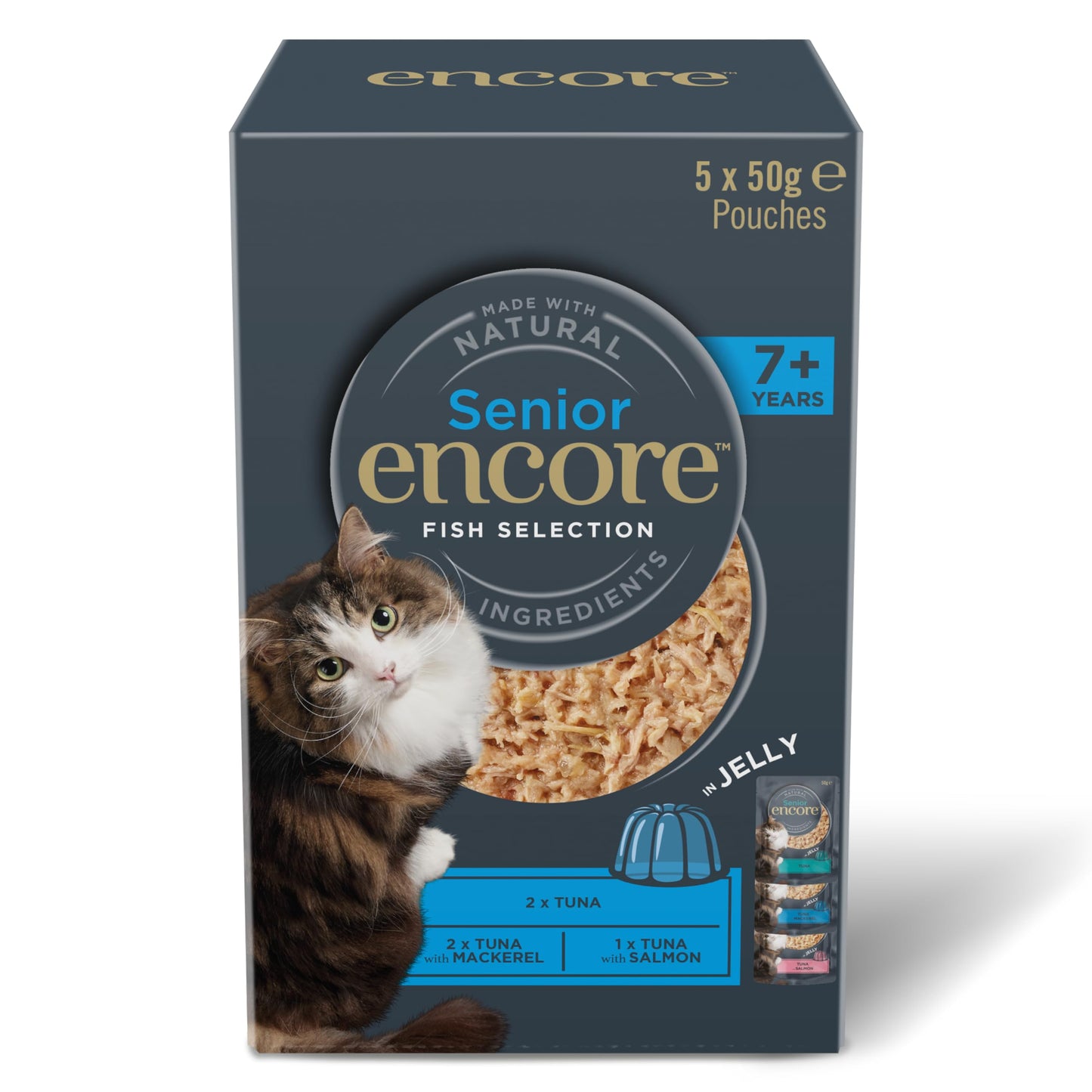 Encore 100% Natural Wet Cat Food Pouch, Tuna Fillet with Whitebait/Anchovy in Broth 70g Pouch (16 x 70g Pouches) (Packaging May Vary)