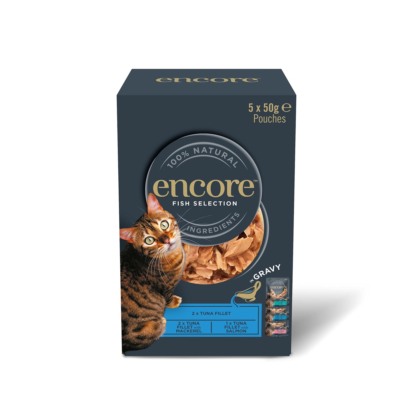 Encore 100% Natural Wet Cat Food Pouch, Tuna Fillet with Whitebait/Anchovy in Broth 70g Pouch (16 x 70g Pouches) (Packaging May Vary)