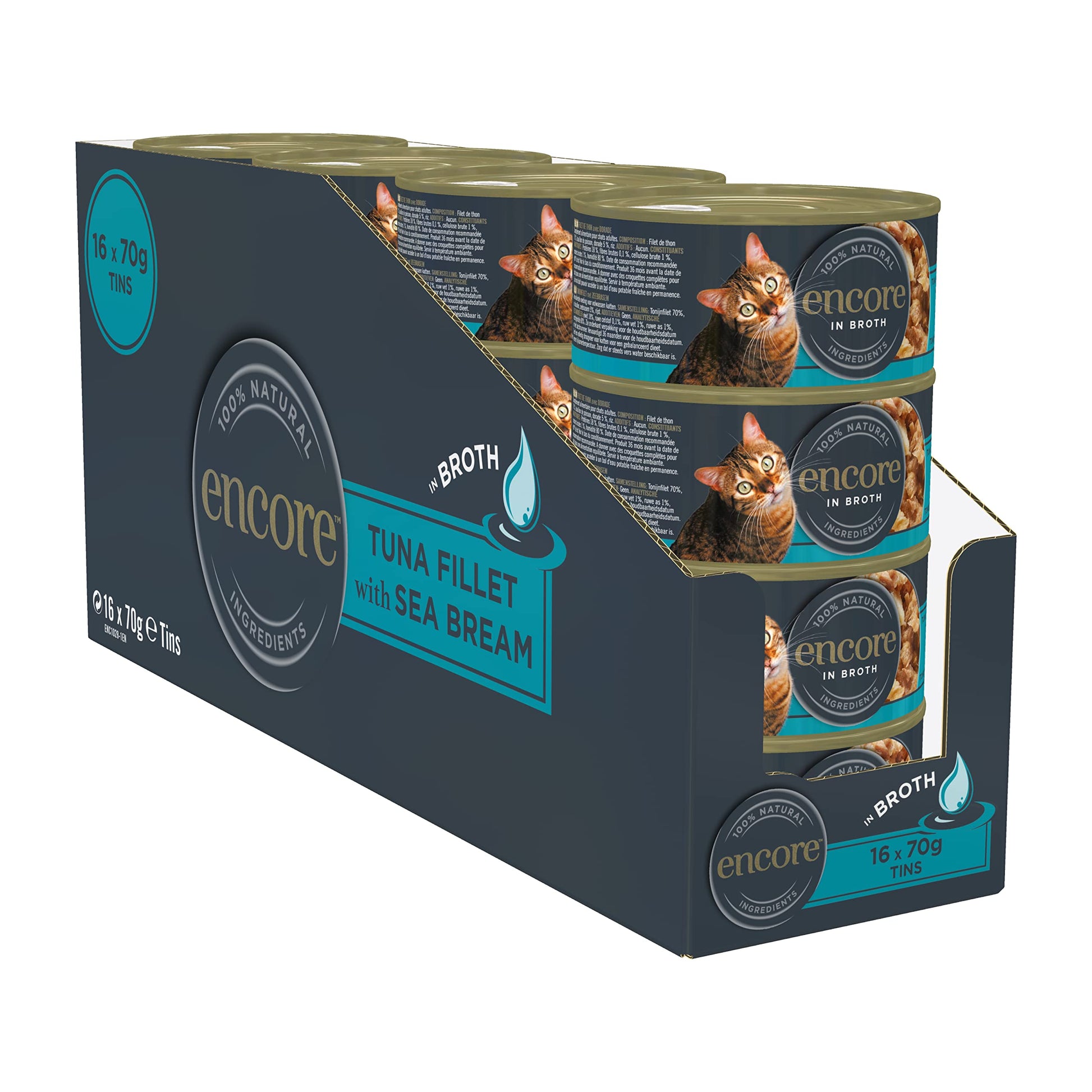 Encore 100% Natural Wet Cat Food Pouch, Tuna Fillet with Whitebait/Anchovy in Broth 70g Pouch (16 x 70g Pouches) (Packaging May Vary)