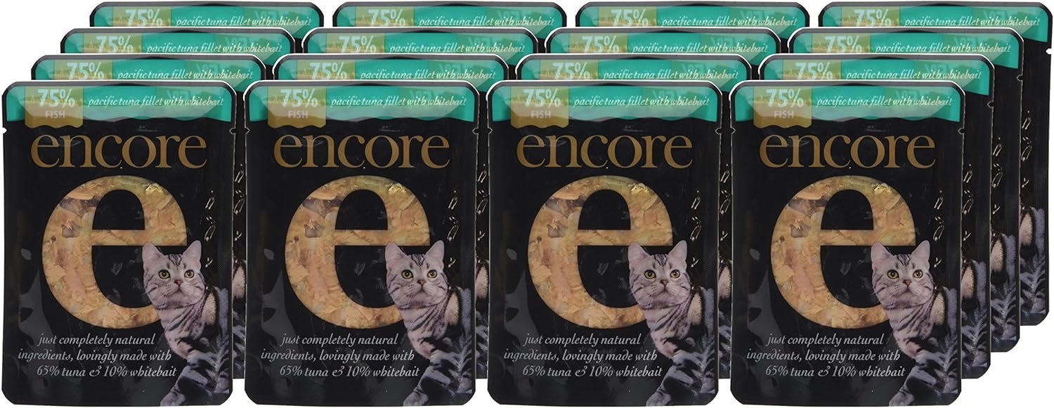 Encore 100% Natural Wet Cat Food Pouch, Tuna Fillet with Whitebait/Anchovy in Broth 70g Pouch (16 x 70g Pouches) (Packaging May Vary)