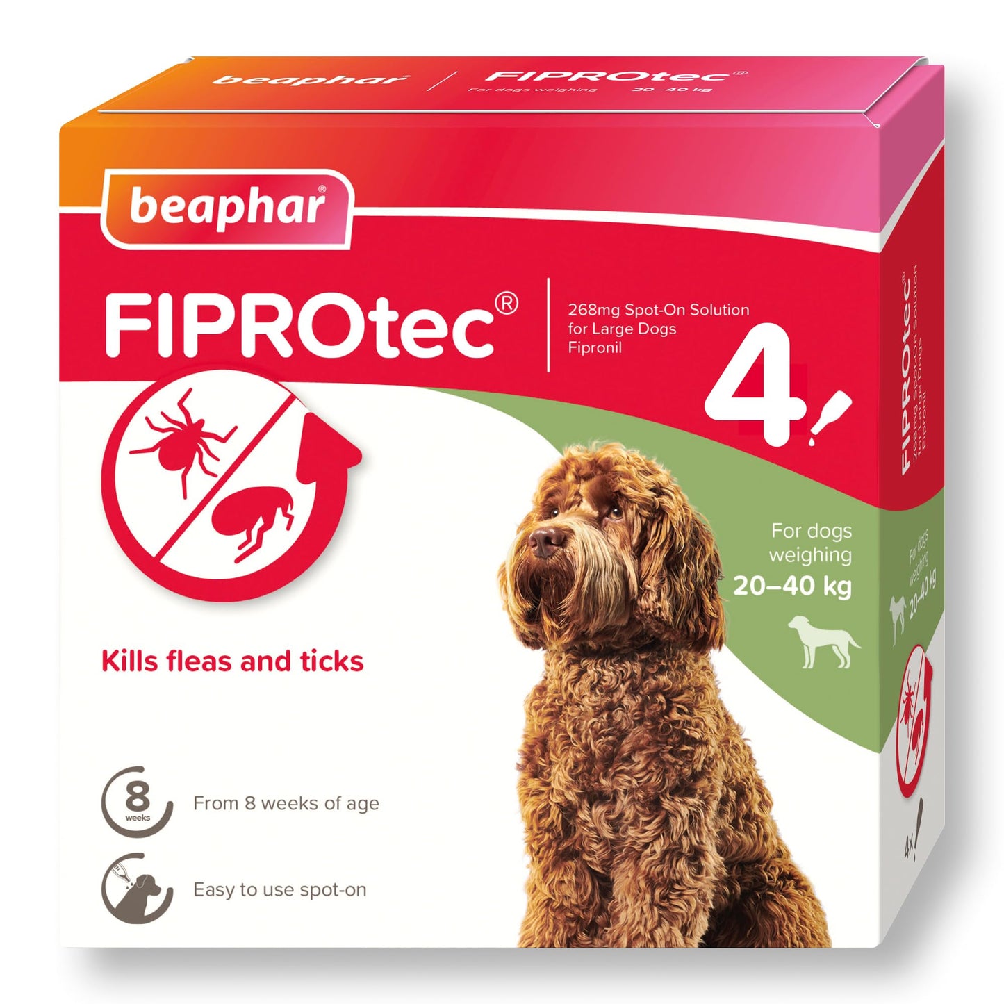 Beaphar | FIPROtec Spot-On for Extra Large Dogs (40–60kg) | Kills Fleas & Ticks | Vet Strength Treatment | 4 Pipettes
