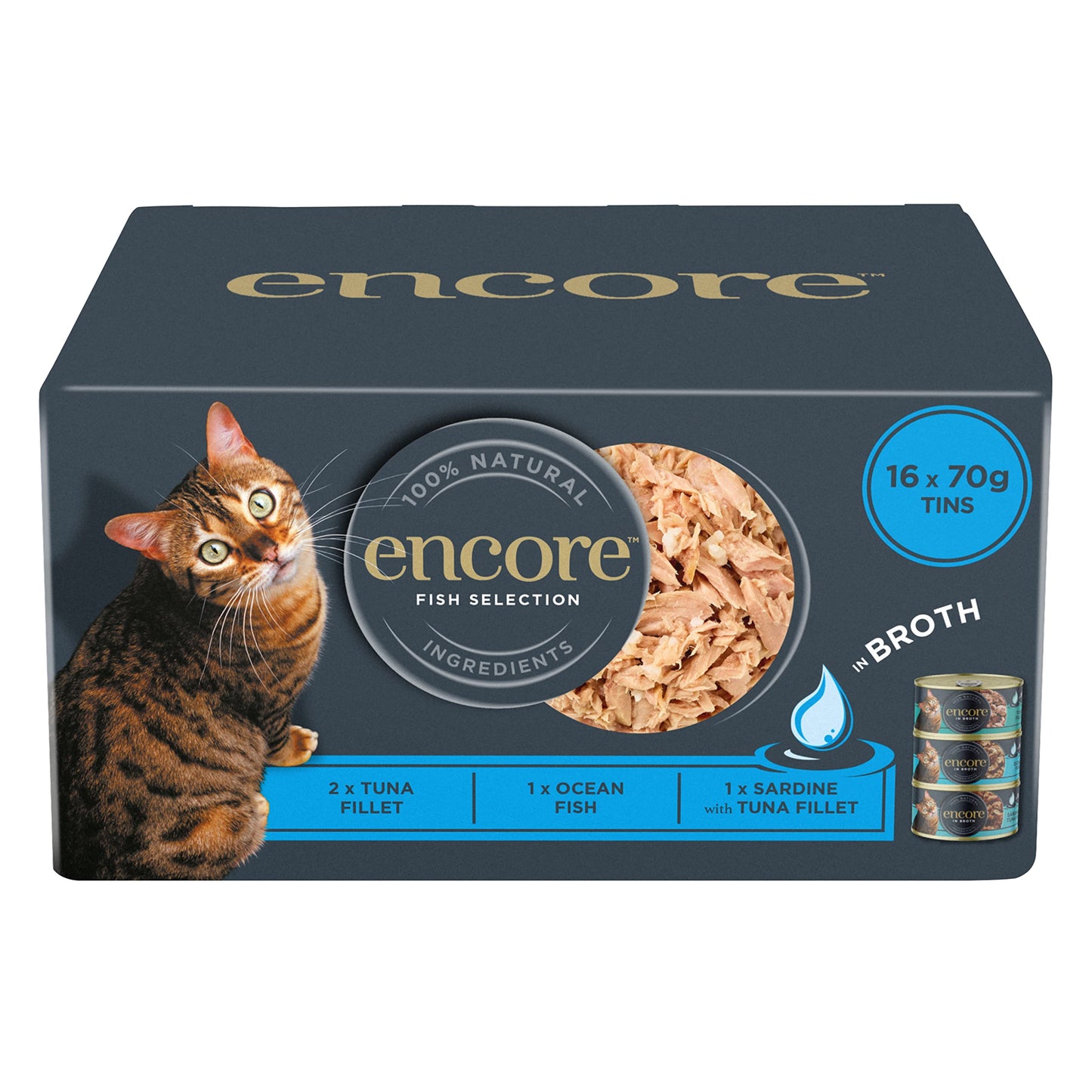 Encore 100% Natural Wet Cat Food Pouch, Tuna Fillet with Whitebait/Anchovy in Broth 70g Pouch (16 x 70g Pouches) (Packaging May Vary)