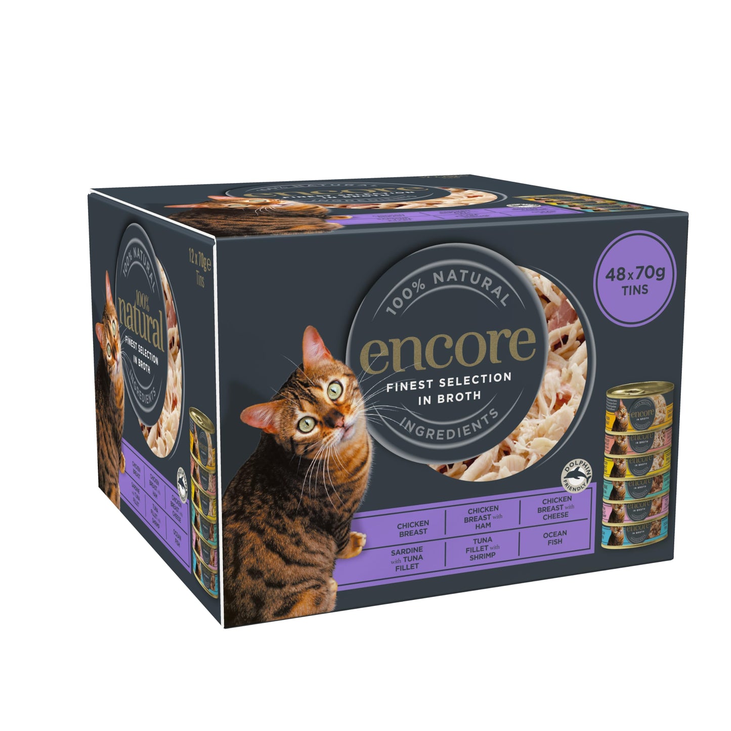 Encore 100% Natural Wet Cat Food Pouch, Tuna Fillet with Whitebait/Anchovy in Broth 70g Pouch (16 x 70g Pouches) (Packaging May Vary)