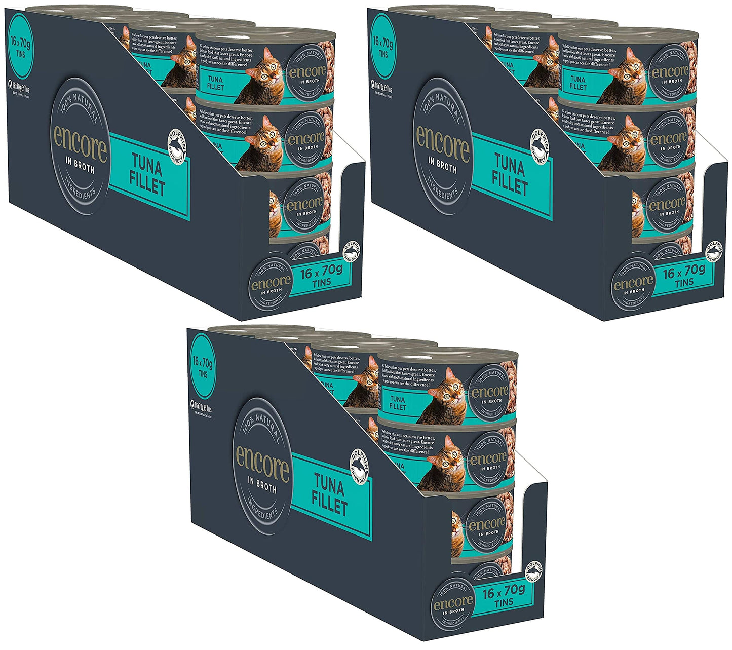 Encore 100% Natural Wet Cat Food Pouch, Tuna Fillet with Whitebait/Anchovy in Broth 70g Pouch (16 x 70g Pouches) (Packaging May Vary)