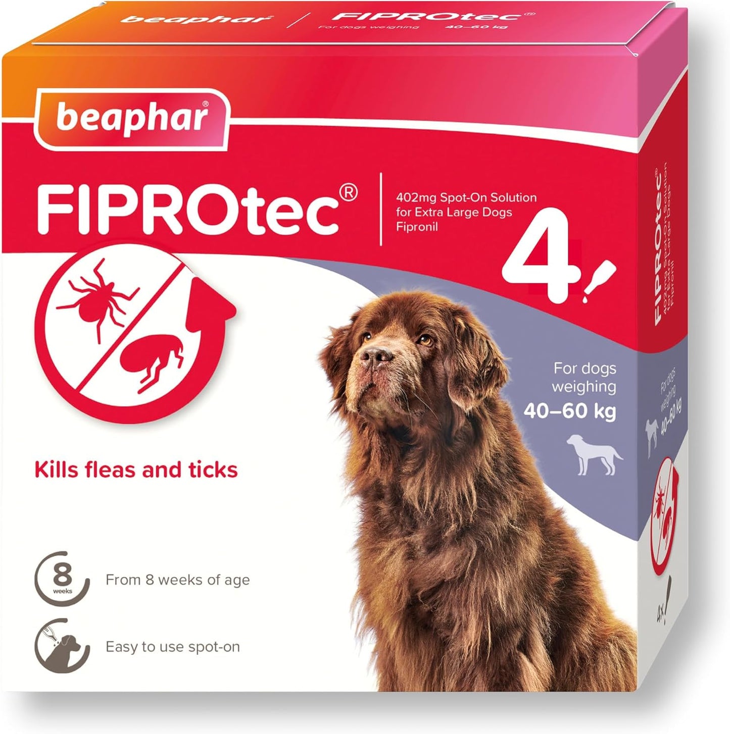 Beaphar | FIPROtec Spot-On for Extra Large Dogs (40–60kg) | Kills Fleas & Ticks | Vet Strength Treatment | 4 Pipettes