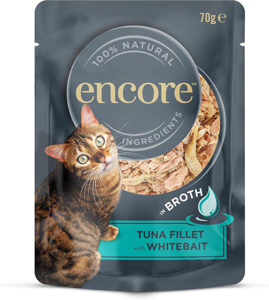 Encore 100% Natural Wet Cat Food Pouch, Tuna Fillet with Whitebait/Anchovy in Broth 70g Pouch (16 x 70g Pouches) (Packaging May Vary)