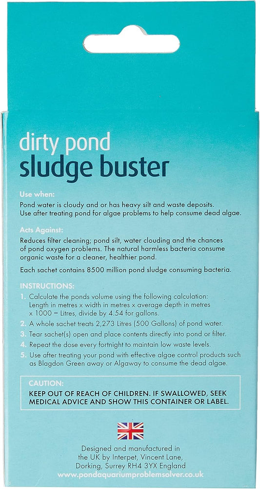 Blagdon Pond Sludge Buster, Digests Harmful Organic Waste, Introduces Good Bacteria, Keeps Pond Clean, 4 x 9g Sachets, Each Sachet Treats 2,273 Litres