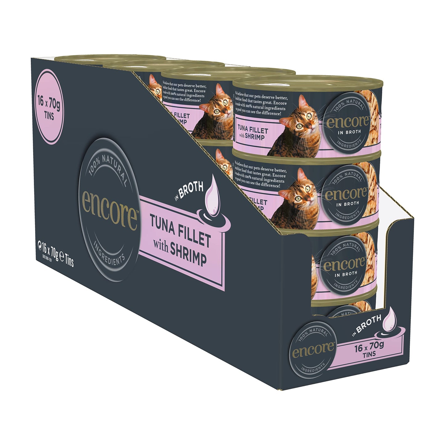 Encore 100% Natural Wet Cat Food Pouch, Tuna Fillet with Whitebait/Anchovy in Broth 70g Pouch (16 x 70g Pouches) (Packaging May Vary)