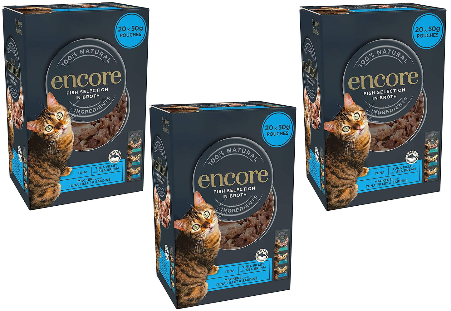 Encore 100% Natural Wet Cat Food Pouch, Tuna Fillet with Whitebait/Anchovy in Broth 70g Pouch (16 x 70g Pouches) (Packaging May Vary)