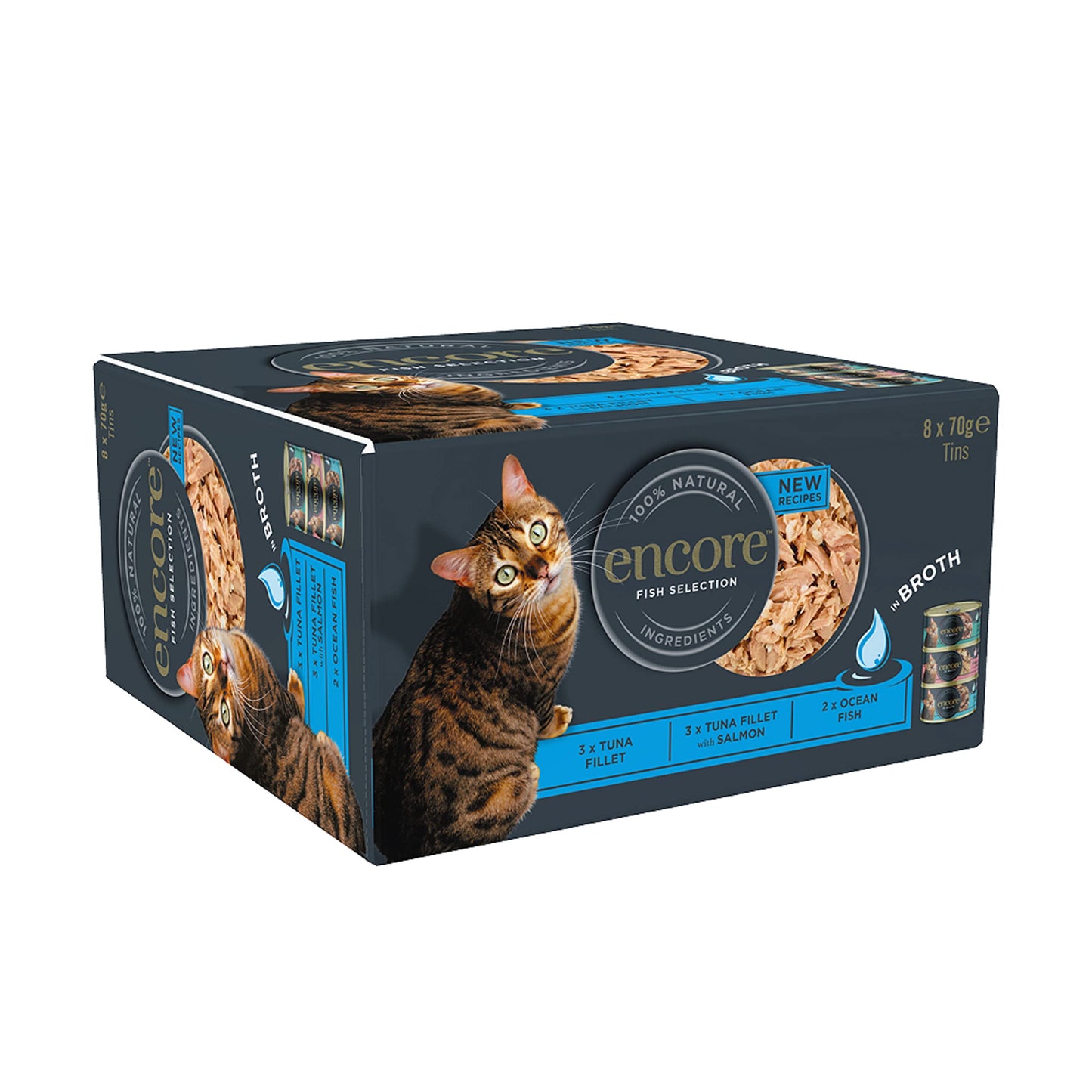 Encore 100% Natural Wet Cat Food Pouch, Tuna Fillet with Whitebait/Anchovy in Broth 70g Pouch (16 x 70g Pouches) (Packaging May Vary)
