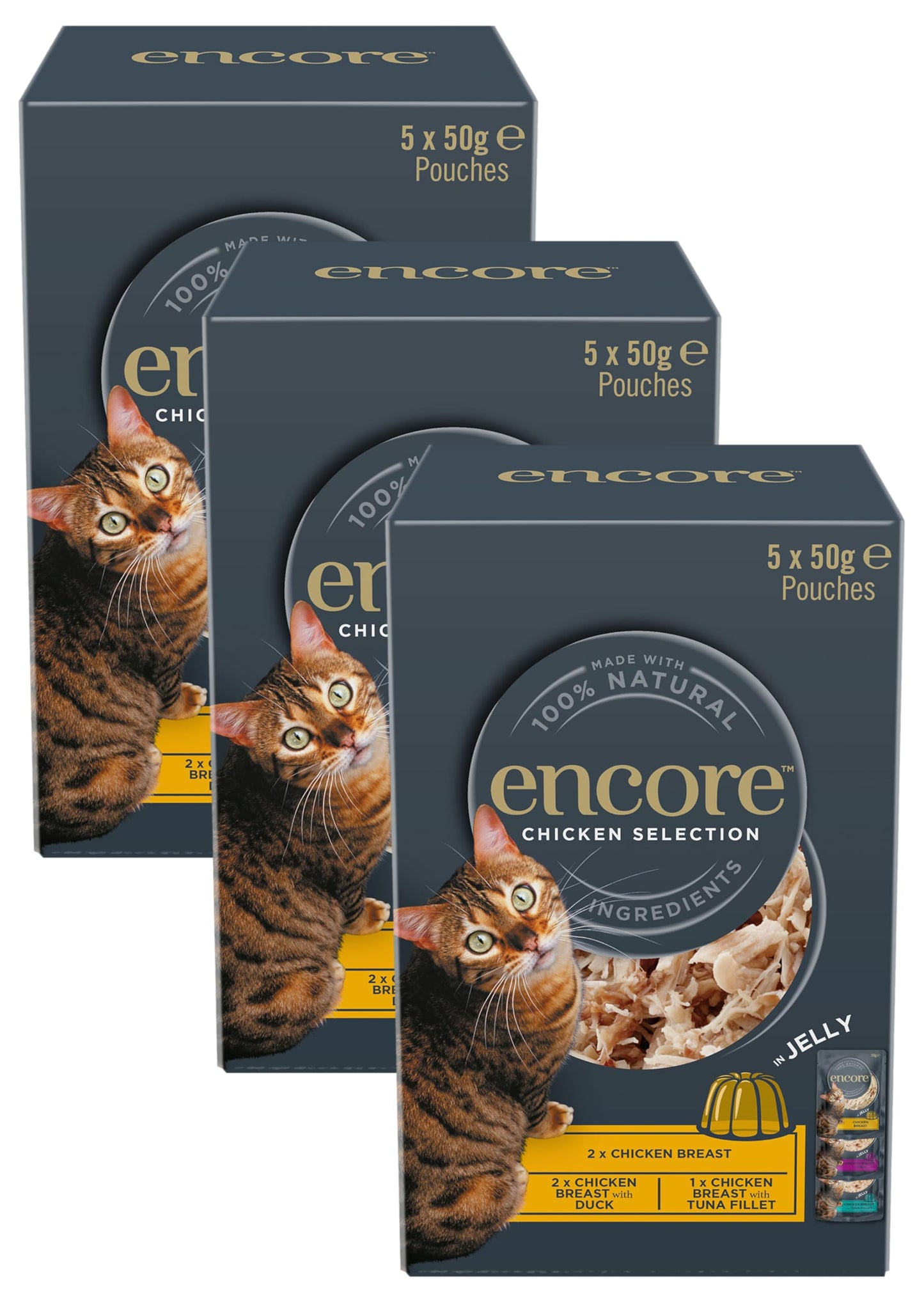 Encore 100% Natural Wet Cat Food Pouch, Tuna Fillet with Whitebait/Anchovy in Broth 70g Pouch (16 x 70g Pouches) (Packaging May Vary)