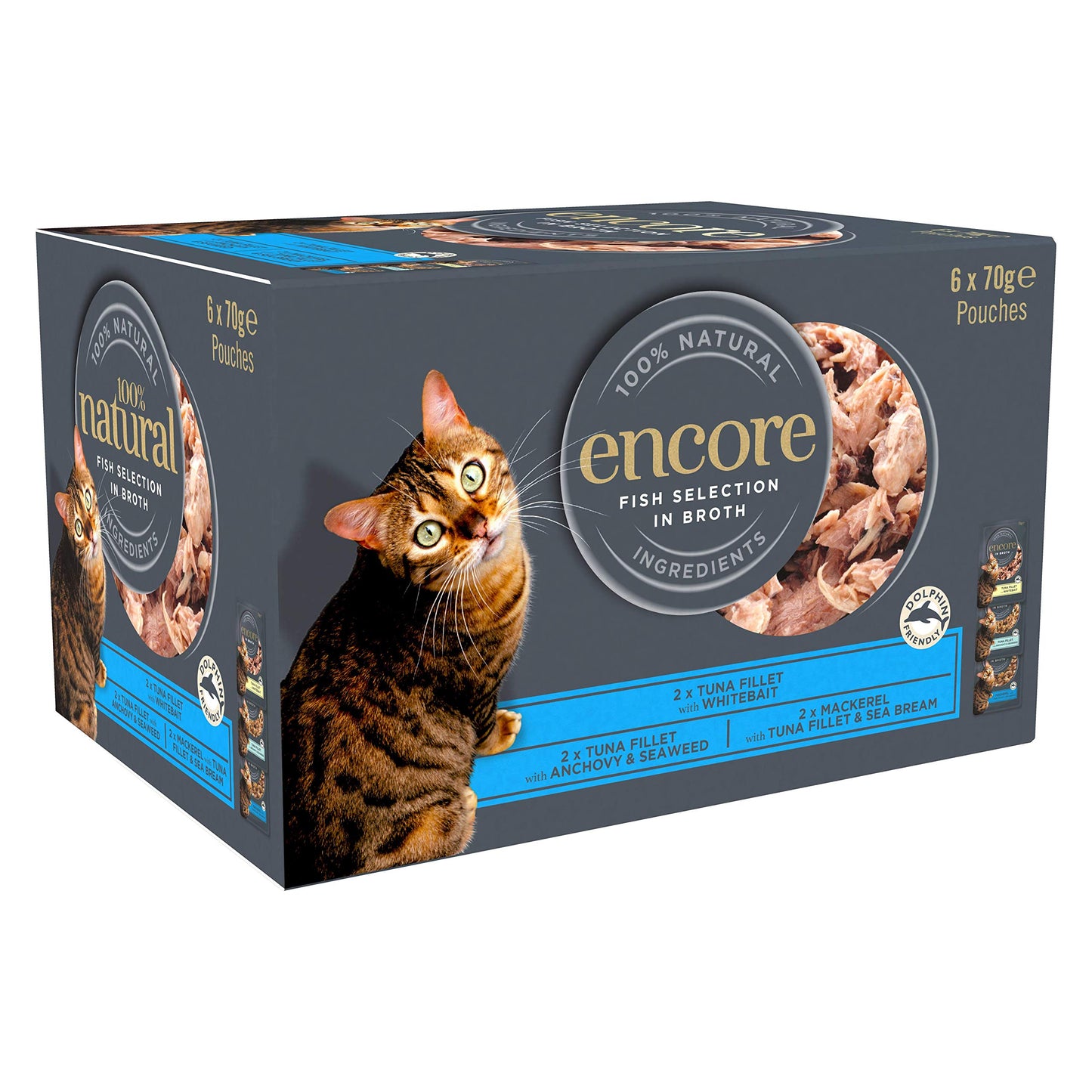 Encore 100% Natural Wet Cat Food Pouch, Tuna Fillet with Whitebait/Anchovy in Broth 70g Pouch (16 x 70g Pouches) (Packaging May Vary)